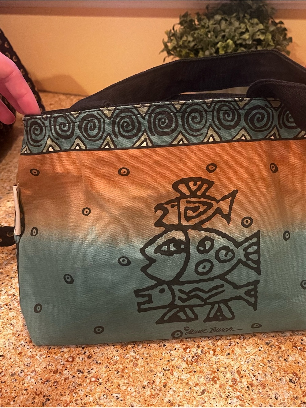Laurel Burch Teal and Rust Canvas Tote with Fish Motif